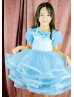 Short Sleeves Blue Satin Tulle Flower Girl Dress